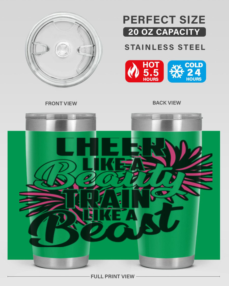Cheer like a Beauty Train like a Beast 1388# Tumbler in stainless steel with a motivational design, perfect for hot and cold beverages.