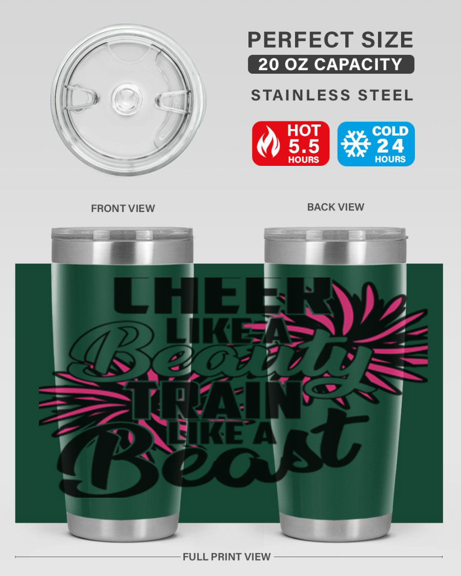 Cheer like a Beauty Train like a Beast 1388# Tumbler in stainless steel with a motivational design, perfect for hot and cold beverages.