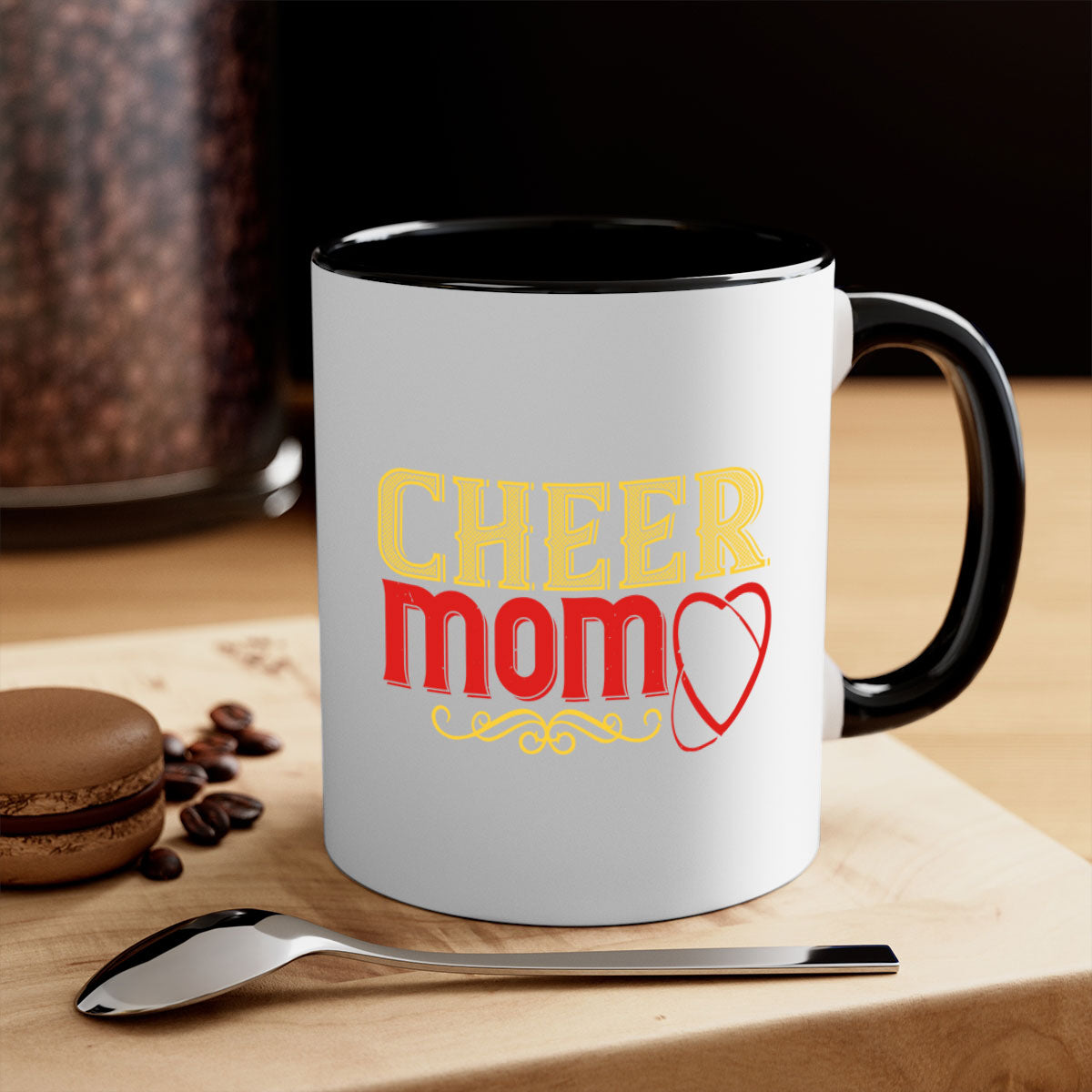 Cheer mom 1383# football mug with colorful handle and glossy finish, available in multiple colors and sizes.