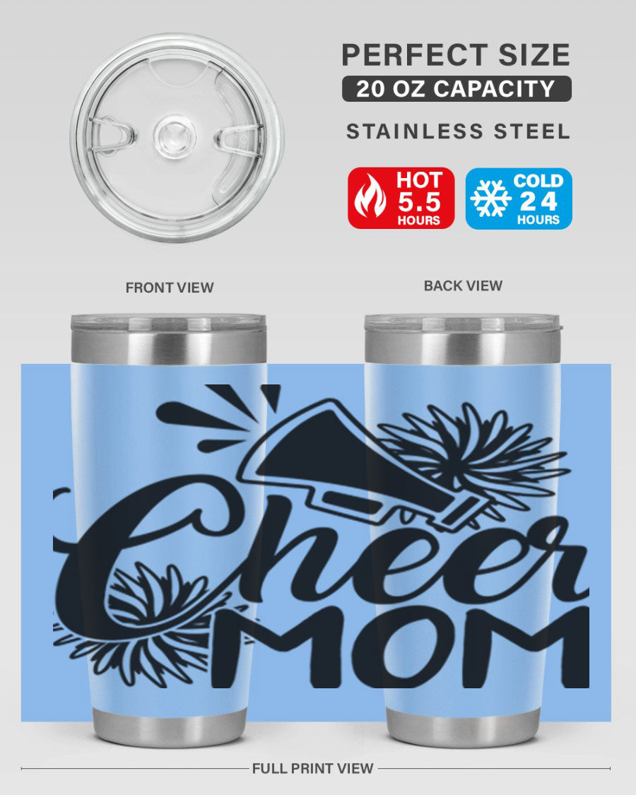 Cheer Mom 1385# Tumbler in stainless steel with a drink-thru lid, showcasing its sleek design and vibrant print.