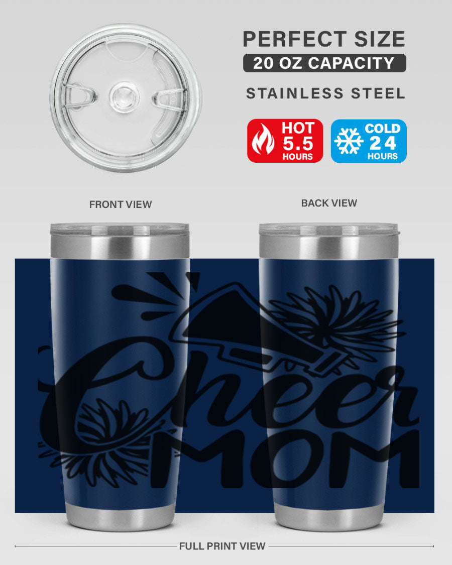 Cheer Mom 1385# Tumbler in stainless steel with a drink-thru lid, showcasing its sleek design and vibrant print.