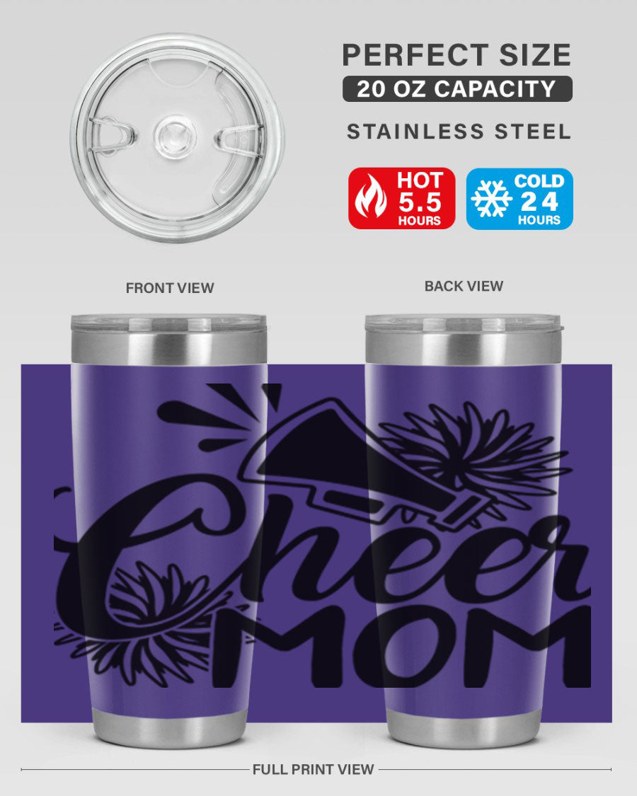Cheer Mom 1385# Tumbler in stainless steel with a drink-thru lid, showcasing its sleek design and vibrant print.