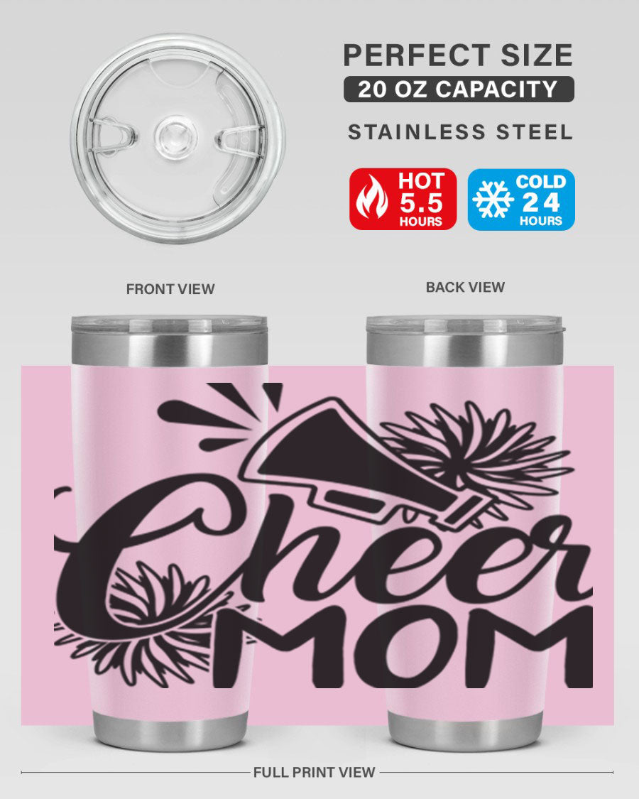 Cheer Mom 1385# Tumbler in stainless steel with a drink-thru lid, showcasing its sleek design and vibrant print.