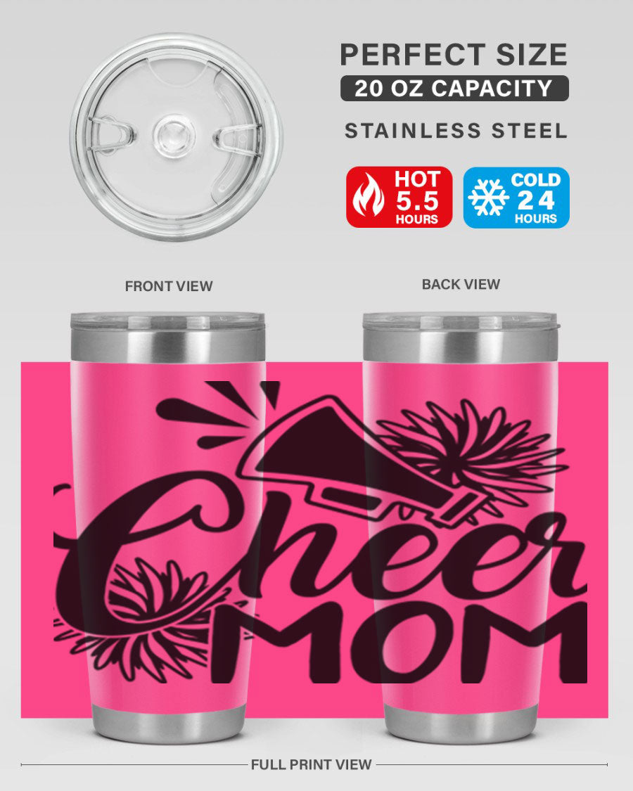 Cheer Mom 1385# Tumbler in stainless steel with a drink-thru lid, showcasing its sleek design and vibrant print.