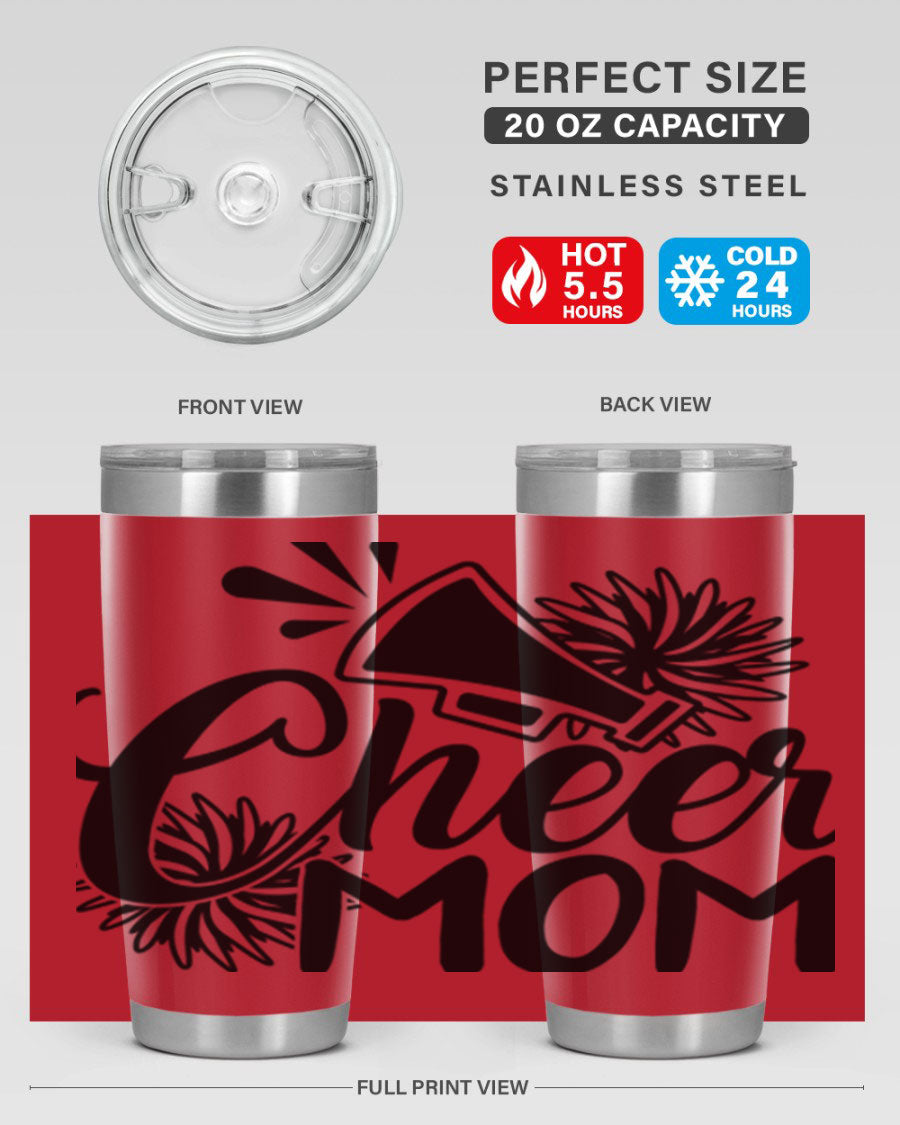 Cheer Mom 1385# Tumbler in stainless steel with a drink-thru lid, showcasing its sleek design and vibrant print.