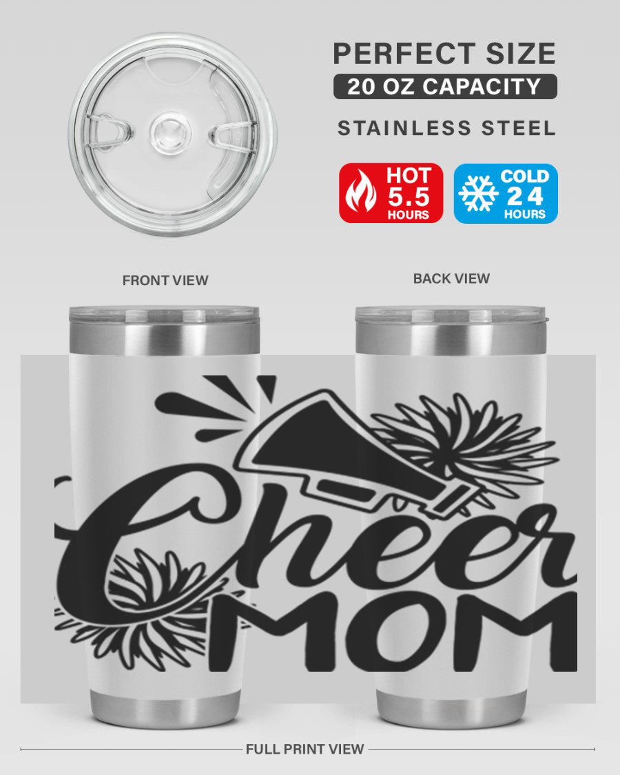 Cheer Mom 1385# Tumbler in stainless steel with a drink-thru lid, showcasing its sleek design and vibrant print.