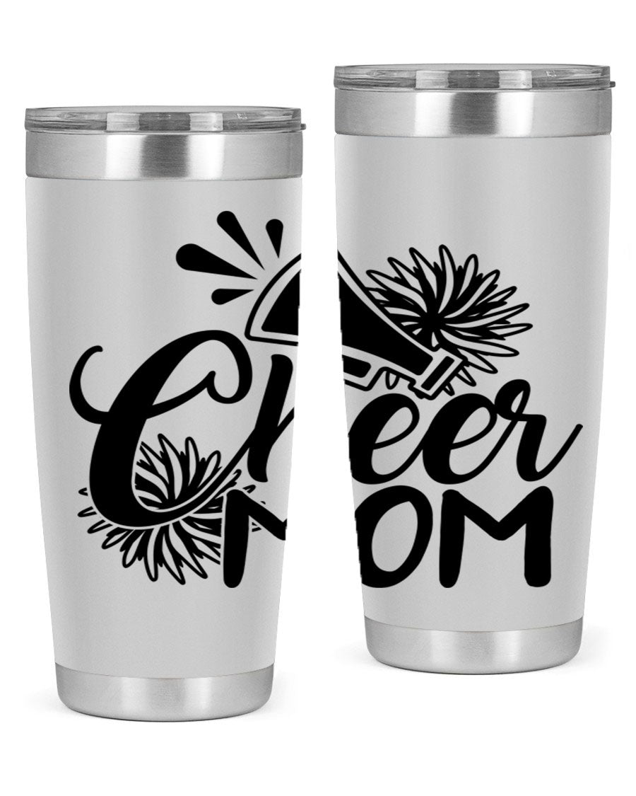Cheer Mom 1385# Tumbler in stainless steel with a drink-thru lid, showcasing its sleek design and vibrant print.