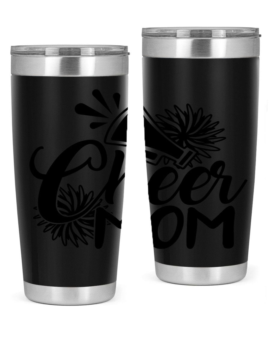 Cheer Mom 1385# Tumbler in stainless steel with a drink-thru lid, showcasing its sleek design and vibrant print.