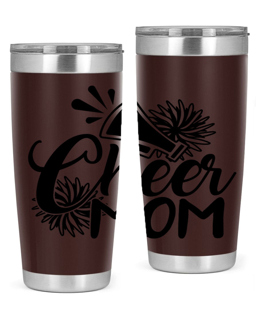 Cheer Mom 1385# Tumbler in stainless steel with a drink-thru lid, showcasing its sleek design and vibrant print.