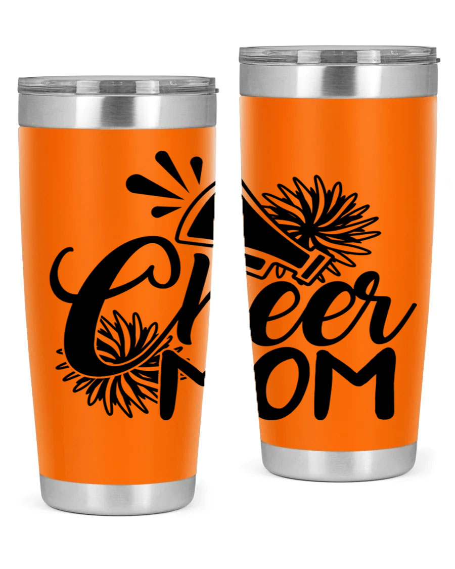 Cheer Mom 1385# Tumbler in stainless steel with a drink-thru lid, showcasing its sleek design and vibrant print.