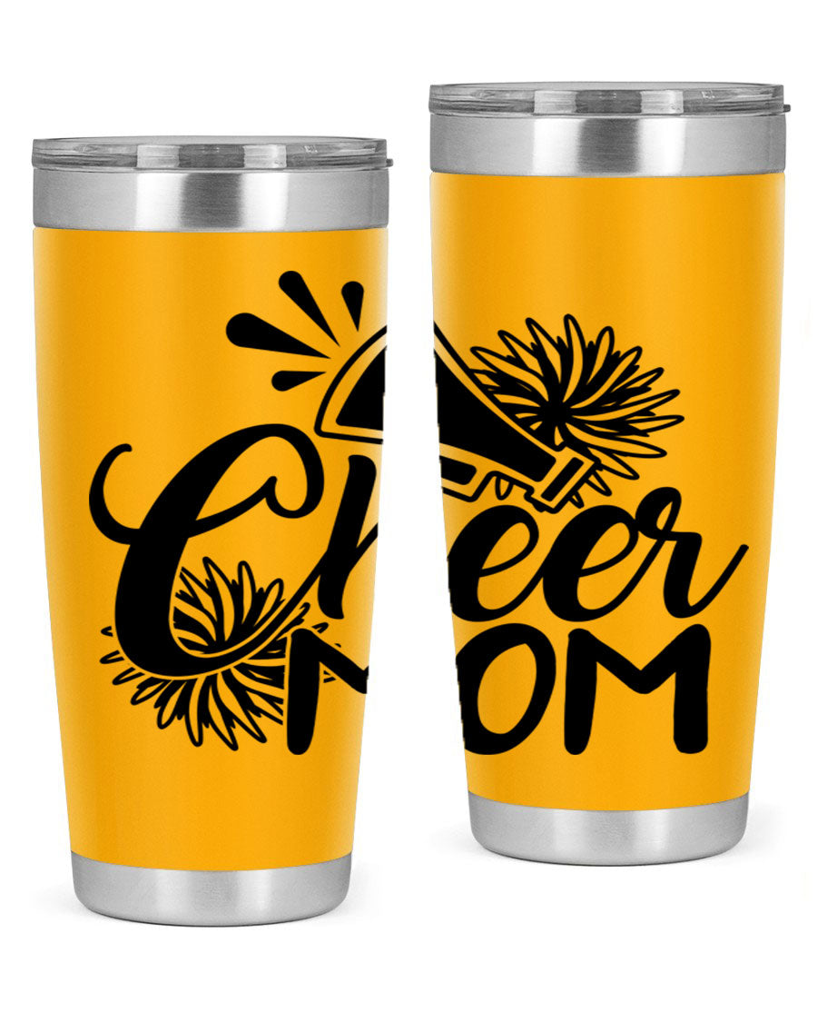 Cheer Mom 1385# Tumbler in stainless steel with a drink-thru lid, showcasing its sleek design and vibrant print.