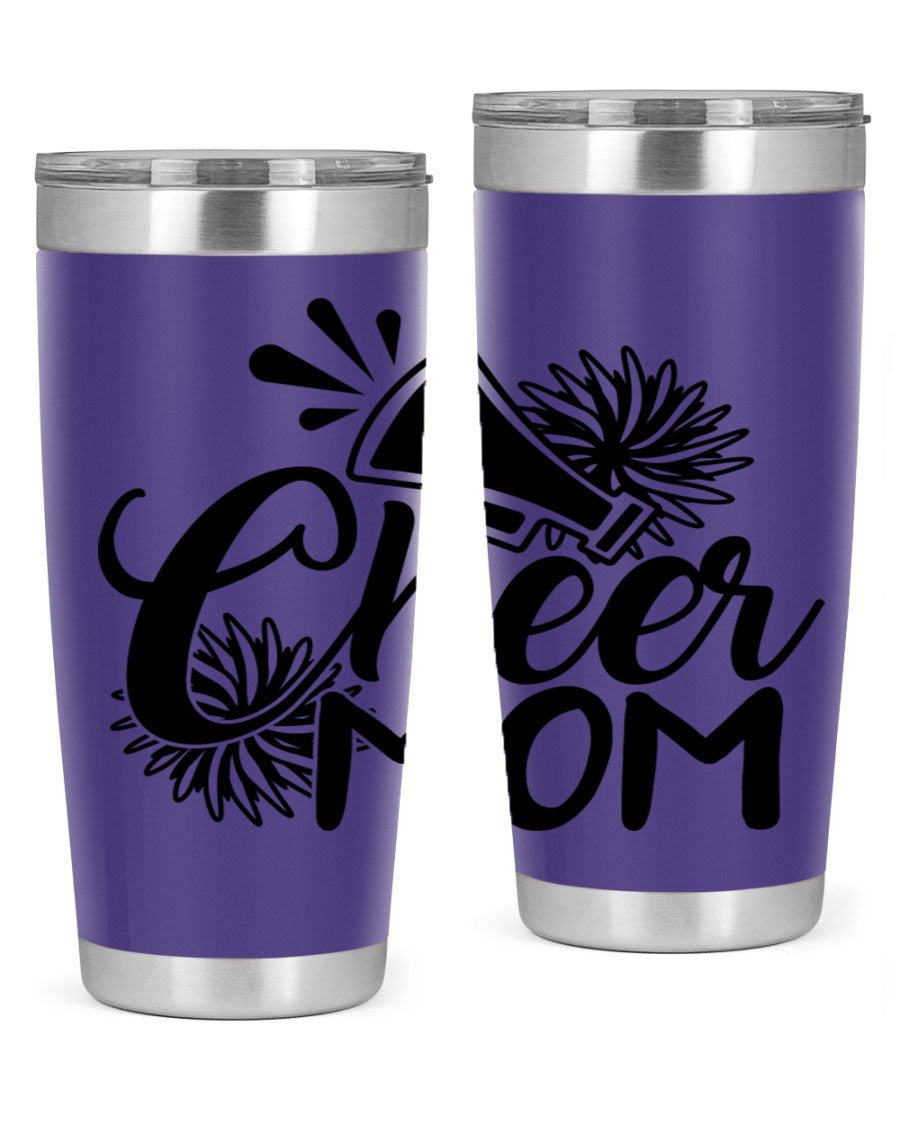 Cheer Mom 1385# Tumbler in stainless steel with a drink-thru lid, showcasing its sleek design and vibrant print.