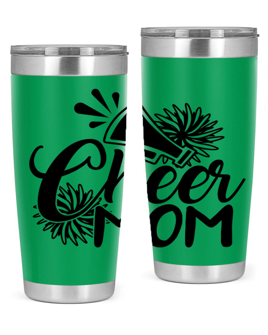 Cheer Mom 1385# Tumbler in stainless steel with a drink-thru lid, showcasing its sleek design and vibrant print.
