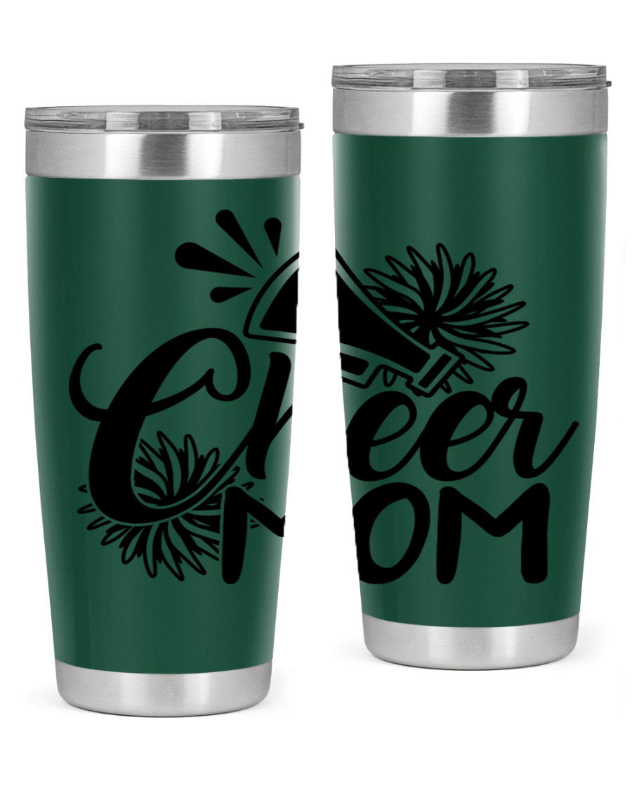Cheer Mom 1385# Tumbler in stainless steel with a drink-thru lid, showcasing its sleek design and vibrant print.