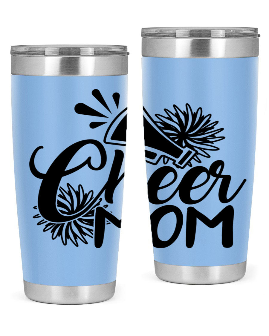 Cheer Mom 1385# Tumbler in stainless steel with a drink-thru lid, showcasing its sleek design and vibrant print.