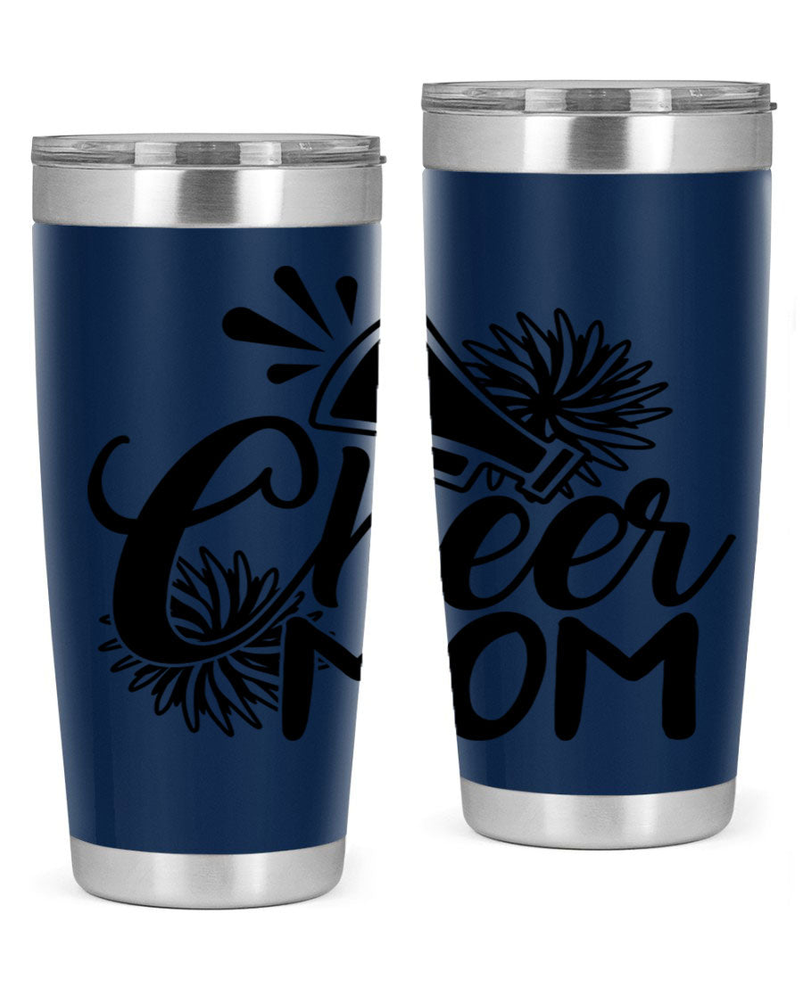 Cheer Mom 1385# Tumbler in stainless steel with a drink-thru lid, showcasing its sleek design and vibrant print.
