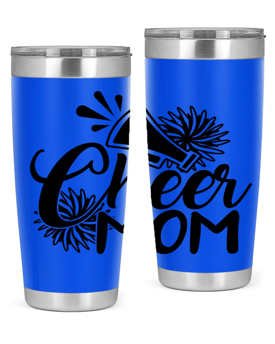 Cheer Mom 1385# Tumbler in stainless steel with a drink-thru lid, showcasing its sleek design and vibrant print.
