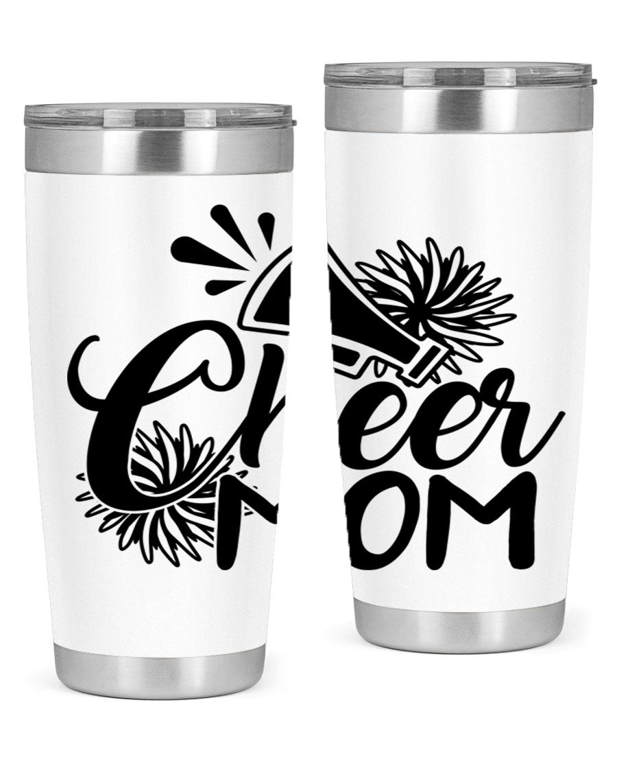 Cheer Mom 1385# Tumbler in stainless steel with a drink-thru lid, showcasing its sleek design and vibrant print.