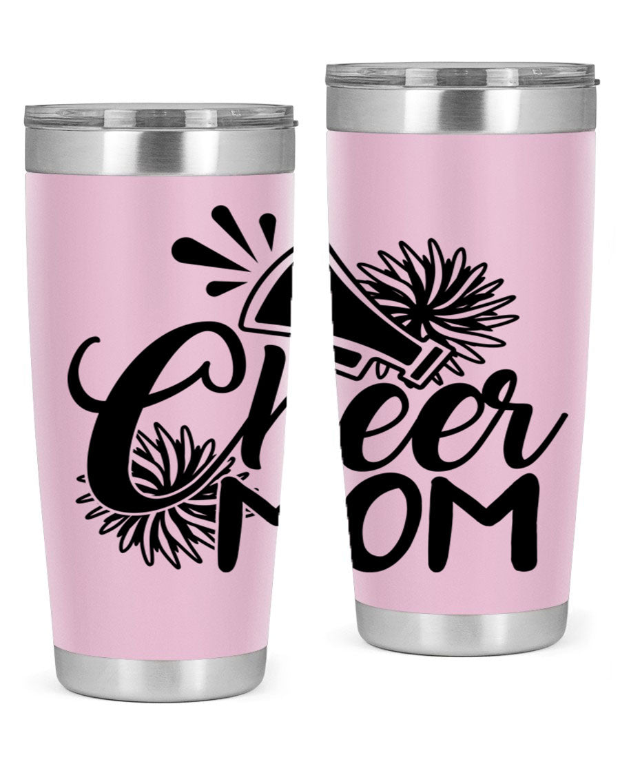 Cheer Mom 1385# Tumbler in stainless steel with a drink-thru lid, showcasing its sleek design and vibrant print.
