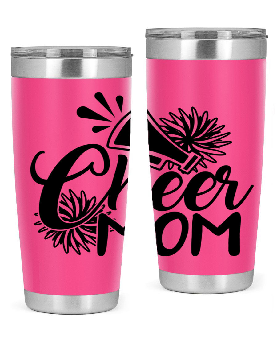 Cheer Mom 1385# Tumbler in stainless steel with a drink-thru lid, showcasing its sleek design and vibrant print.