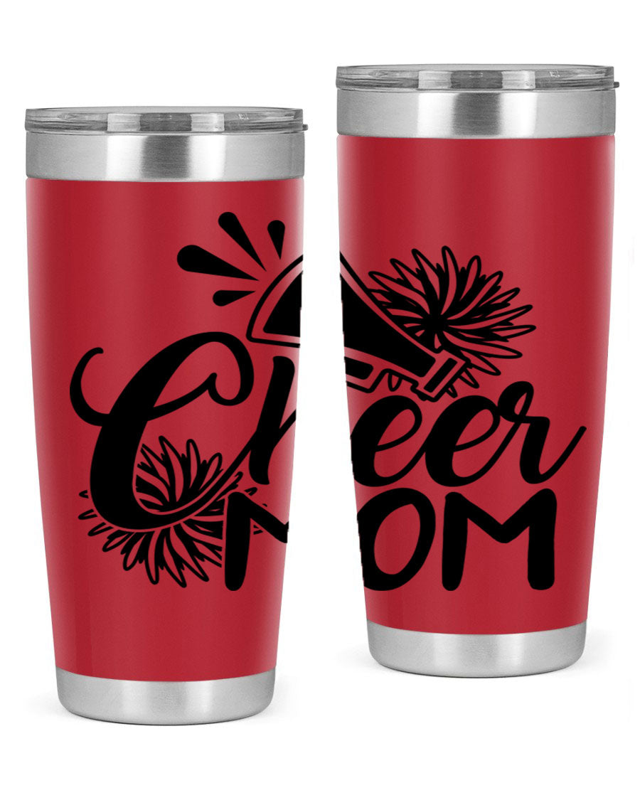 Cheer Mom 1385# Tumbler in stainless steel with a drink-thru lid, showcasing its sleek design and vibrant print.