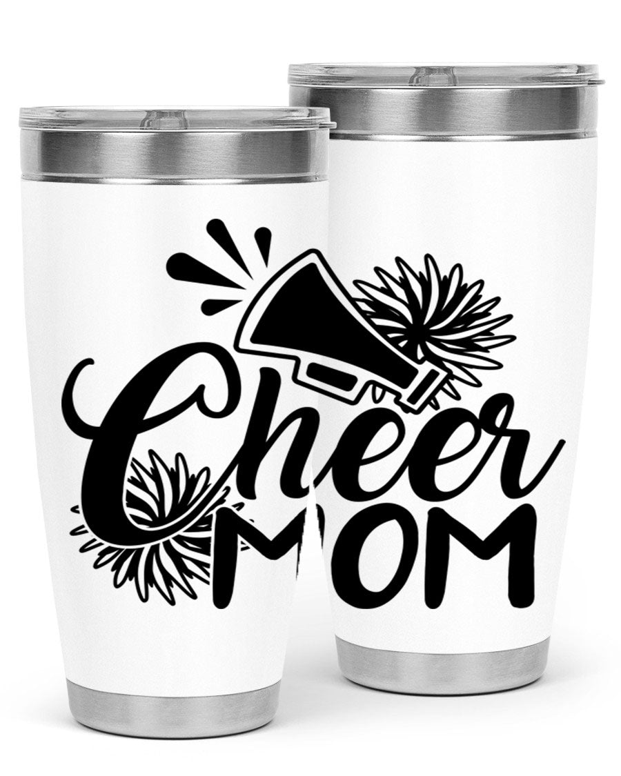 Cheer Mom 1385# Tumbler in stainless steel with a drink-thru lid, showcasing its sleek design and vibrant print.