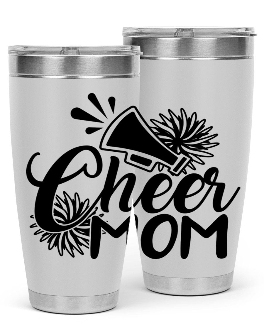 Cheer Mom 1385# Tumbler in stainless steel with a drink-thru lid, showcasing its sleek design and vibrant print.