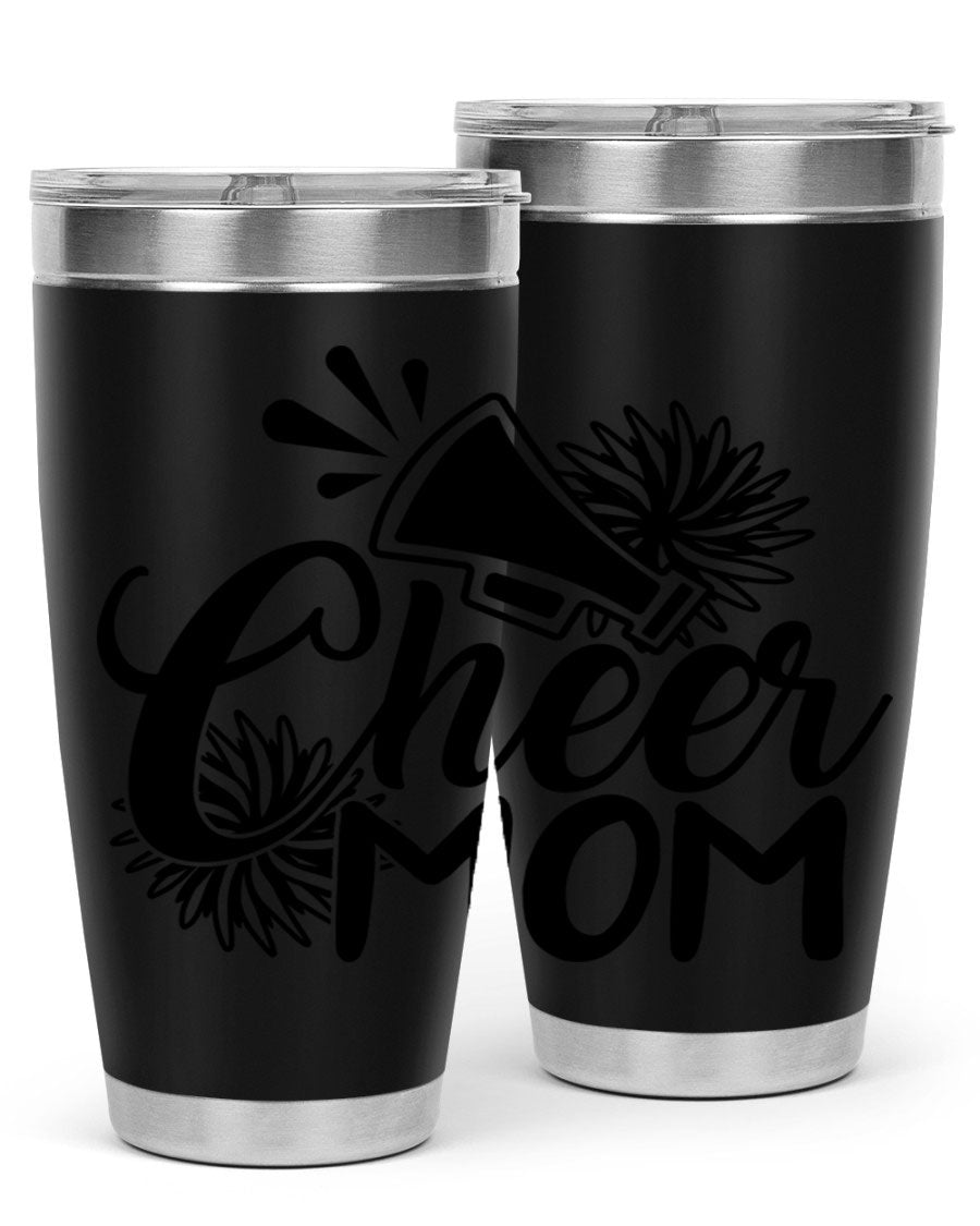 Cheer Mom 1385# Tumbler in stainless steel with a drink-thru lid, showcasing its sleek design and vibrant print.