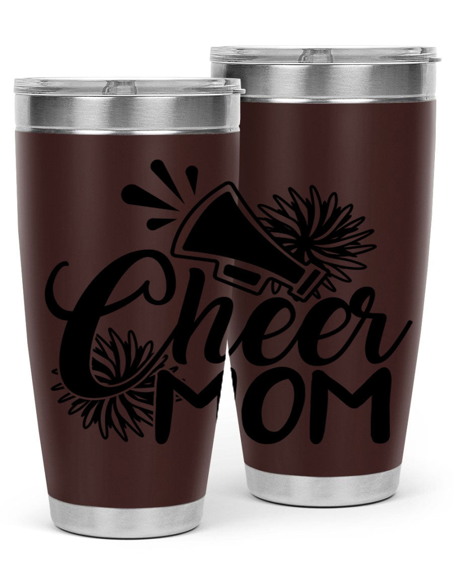 Cheer Mom 1385# Tumbler in stainless steel with a drink-thru lid, showcasing its sleek design and vibrant print.