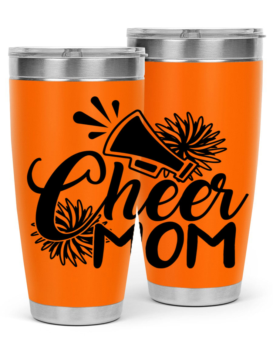 Cheer Mom 1385# Tumbler in stainless steel with a drink-thru lid, showcasing its sleek design and vibrant print.