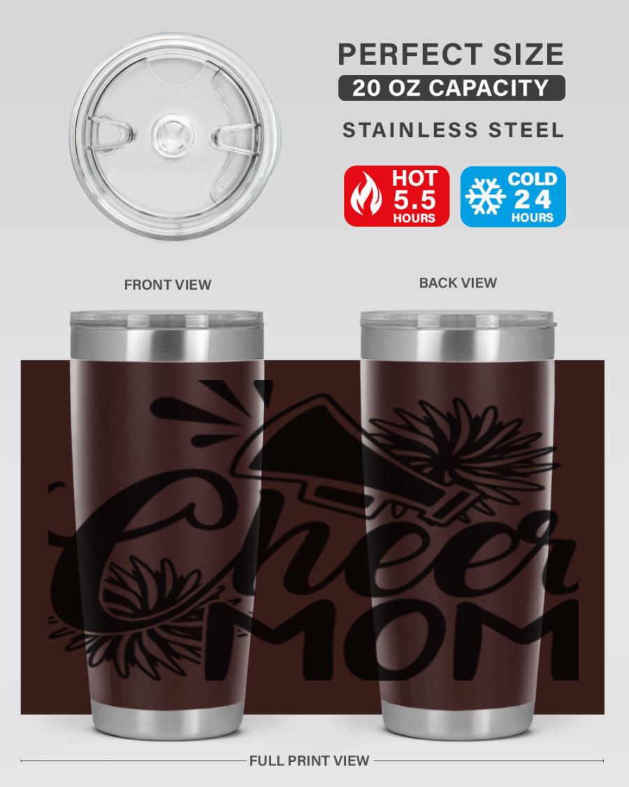 Cheer Mom 1385# Tumbler in stainless steel with a drink-thru lid, showcasing its sleek design and vibrant print.