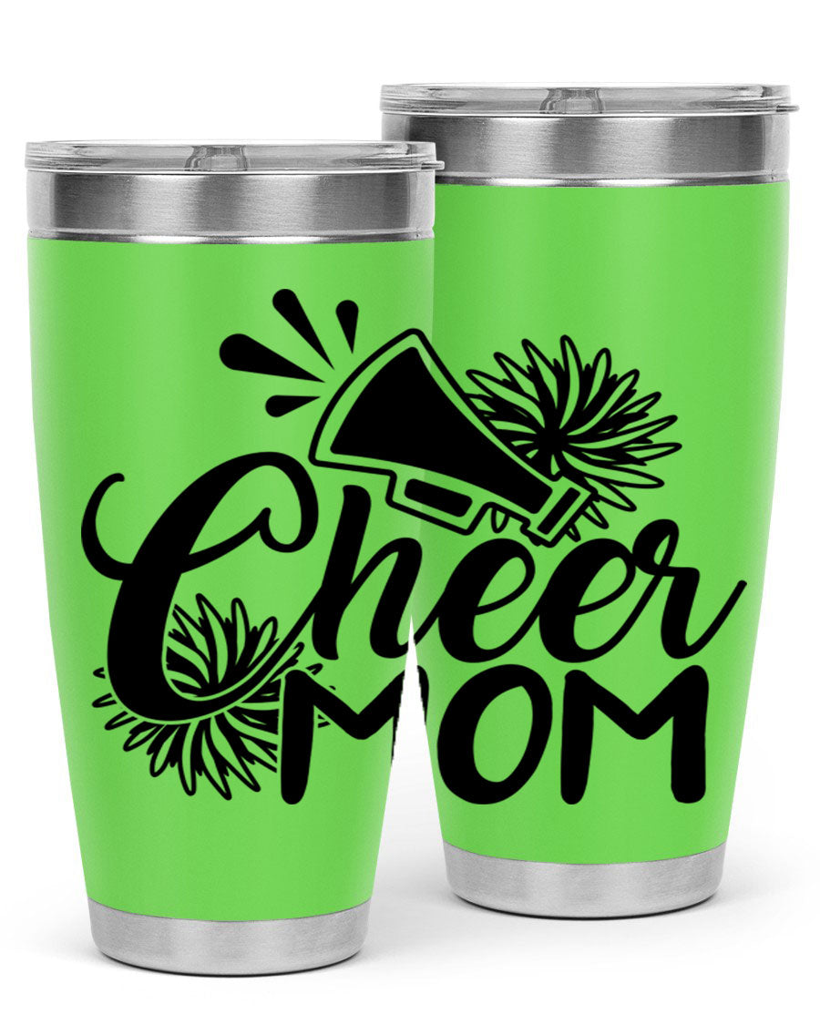 Cheer Mom 1385# Tumbler in stainless steel with a drink-thru lid, showcasing its sleek design and vibrant print.