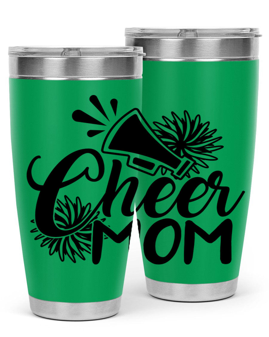 Cheer Mom 1385# Tumbler in stainless steel with a drink-thru lid, showcasing its sleek design and vibrant print.