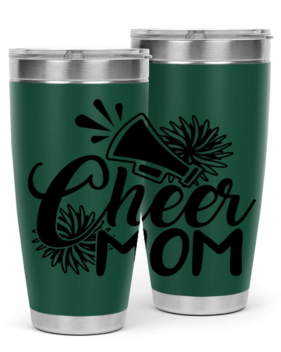 Cheer Mom 1385# Tumbler in stainless steel with a drink-thru lid, showcasing its sleek design and vibrant print.