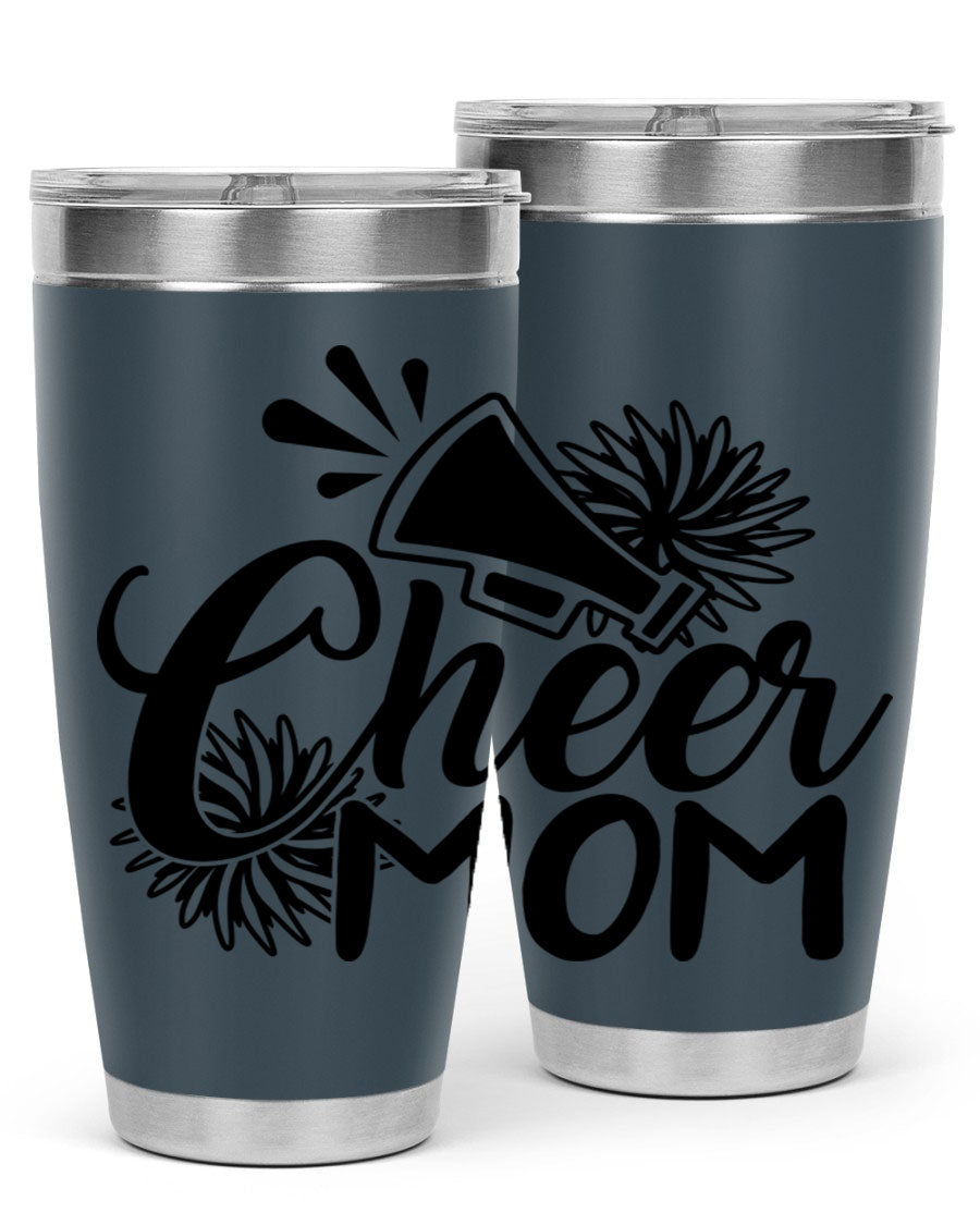 Cheer Mom 1385# Tumbler in stainless steel with a drink-thru lid, showcasing its sleek design and vibrant print.