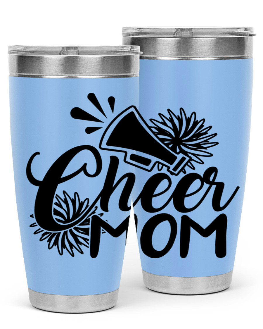 Cheer Mom 1385# Tumbler in stainless steel with a drink-thru lid, showcasing its sleek design and vibrant print.