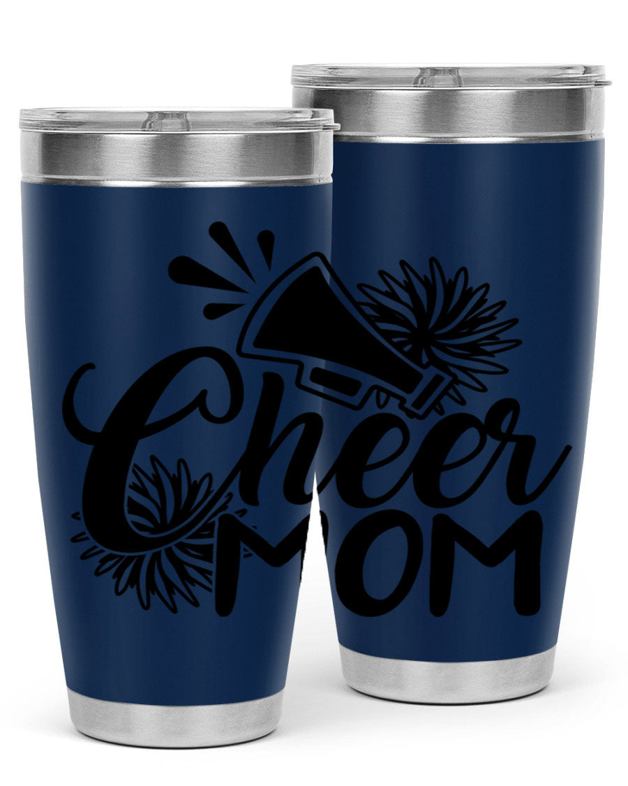 Cheer Mom 1385# Tumbler in stainless steel with a drink-thru lid, showcasing its sleek design and vibrant print.