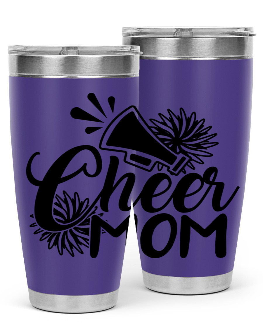 Cheer Mom 1385# Tumbler in stainless steel with a drink-thru lid, showcasing its sleek design and vibrant print.