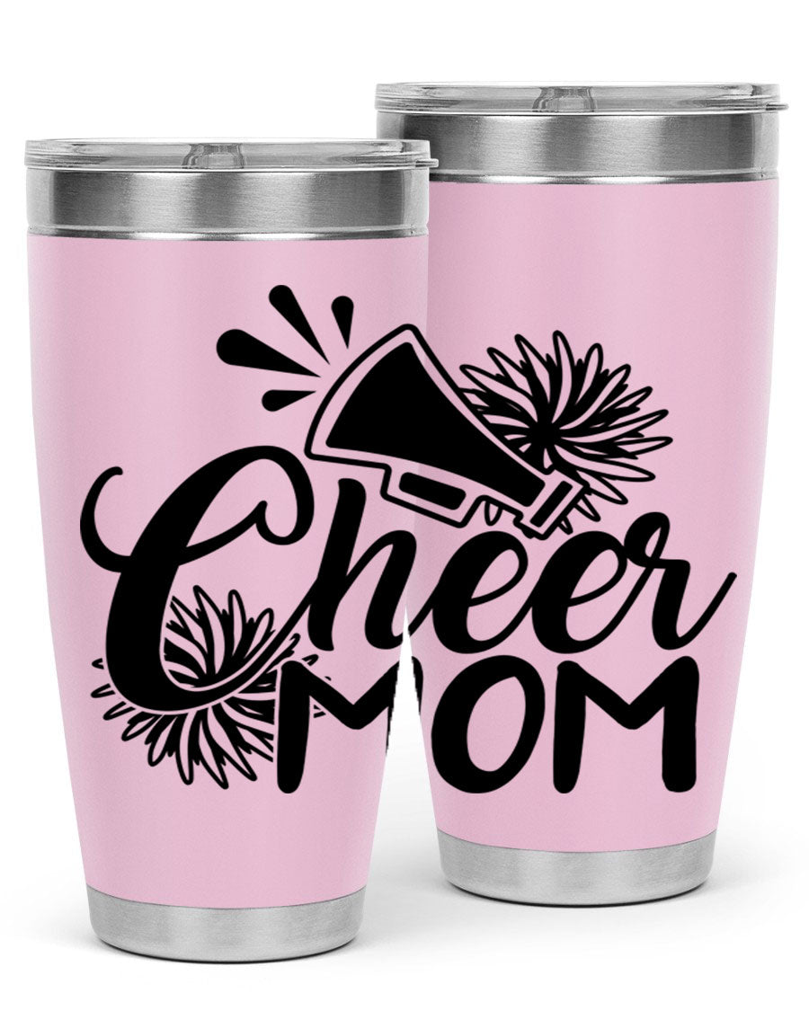 Cheer Mom 1385# Tumbler in stainless steel with a drink-thru lid, showcasing its sleek design and vibrant print.