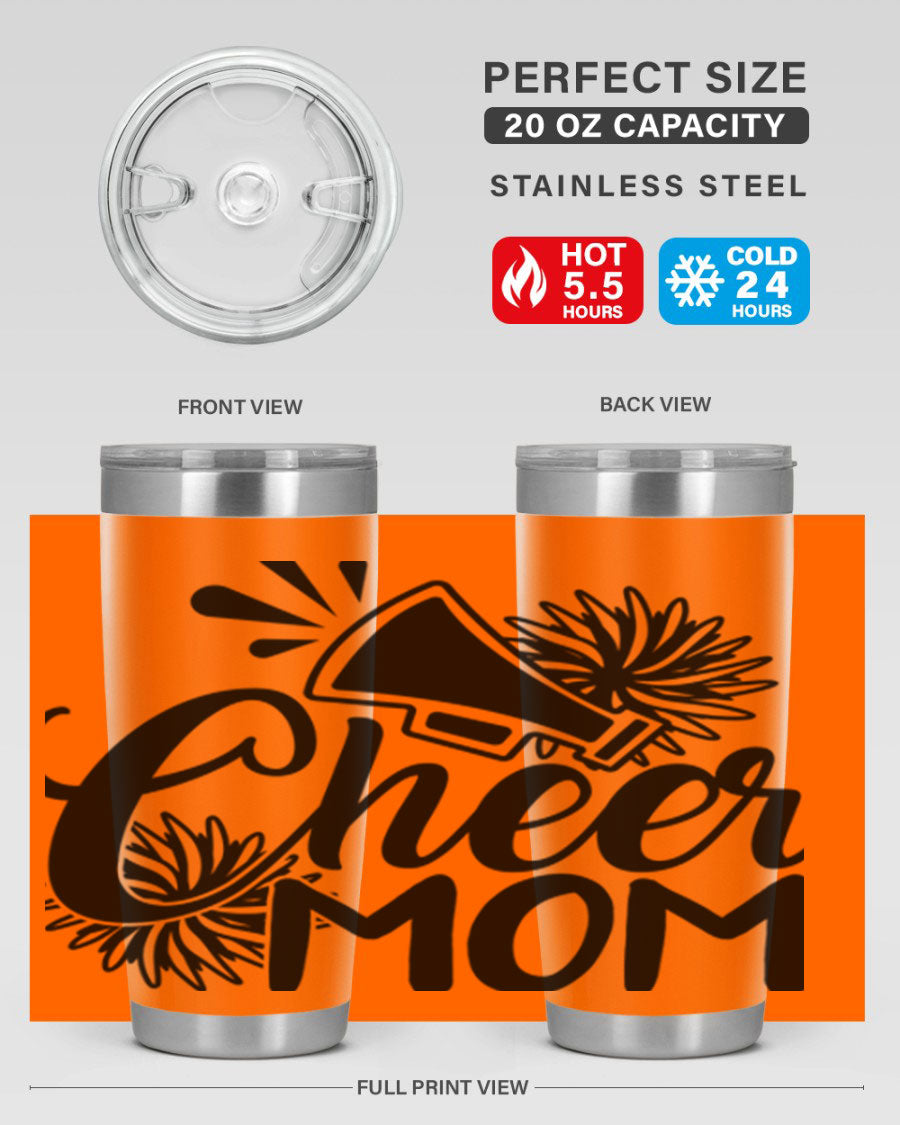Cheer Mom 1385# Tumbler in stainless steel with a drink-thru lid, showcasing its sleek design and vibrant print.