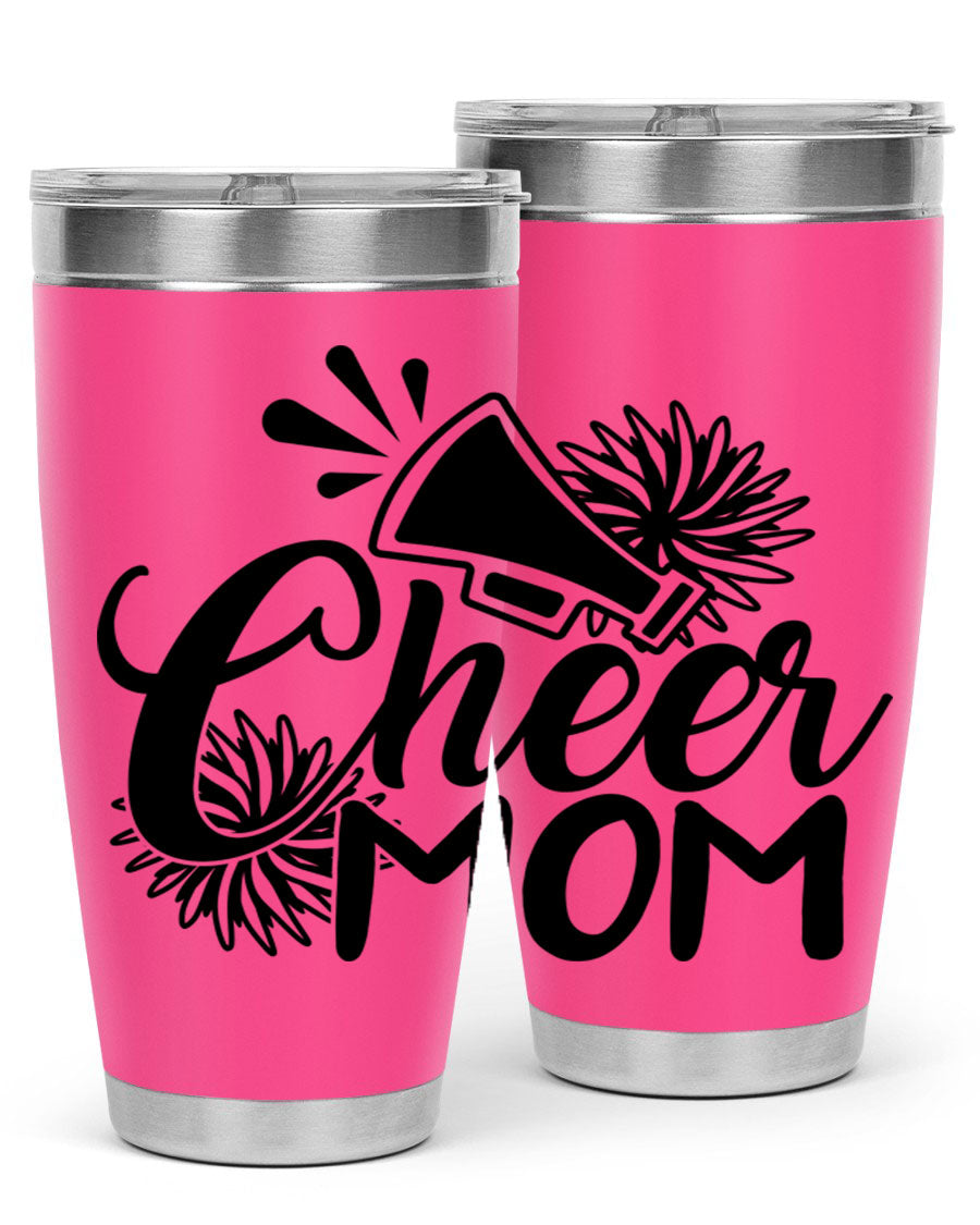 Cheer Mom 1385# Tumbler in stainless steel with a drink-thru lid, showcasing its sleek design and vibrant print.