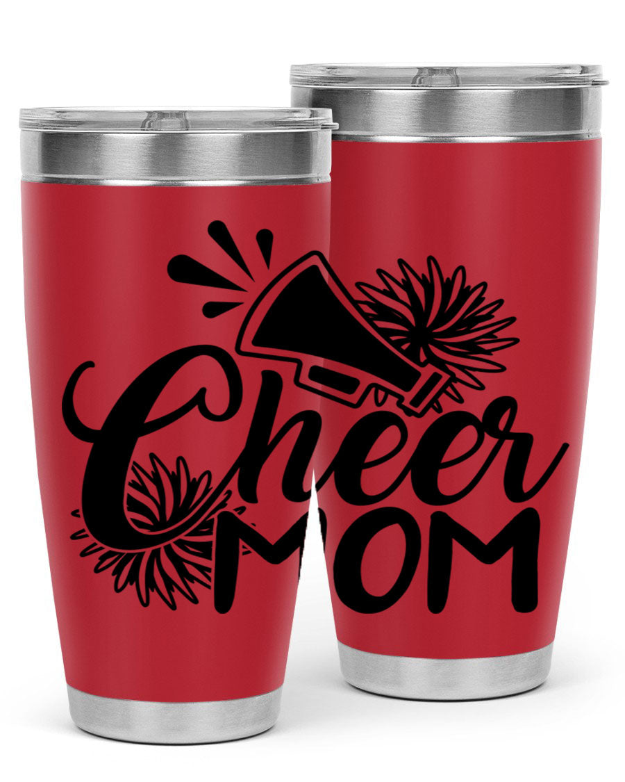 Cheer Mom 1385# Tumbler in stainless steel with a drink-thru lid, showcasing its sleek design and vibrant print.