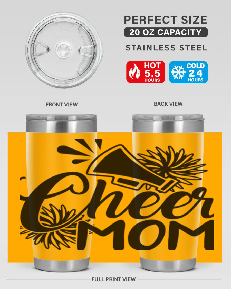 Cheer Mom 1385# Tumbler in stainless steel with a drink-thru lid, showcasing its sleek design and vibrant print.