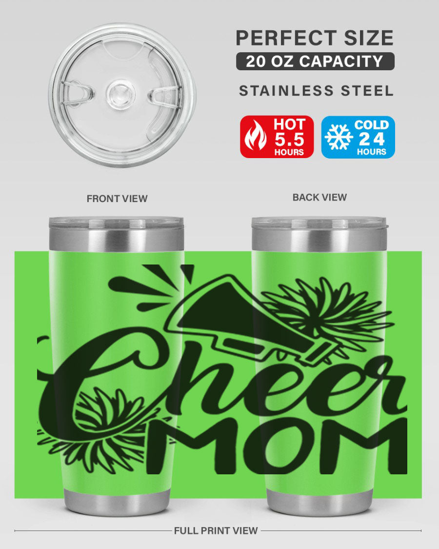 Cheer Mom 1385# Tumbler in stainless steel with a drink-thru lid, showcasing its sleek design and vibrant print.