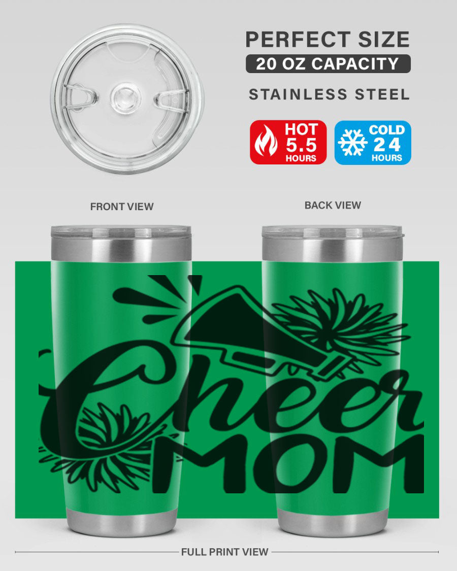 Cheer Mom 1385# Tumbler in stainless steel with a drink-thru lid, showcasing its sleek design and vibrant print.