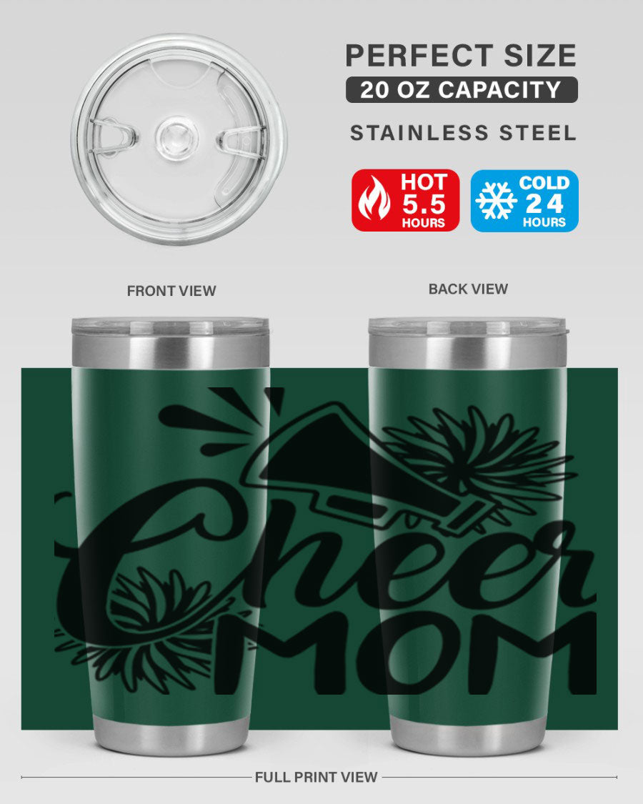 Cheer Mom 1385# Tumbler in stainless steel with a drink-thru lid, showcasing its sleek design and vibrant print.