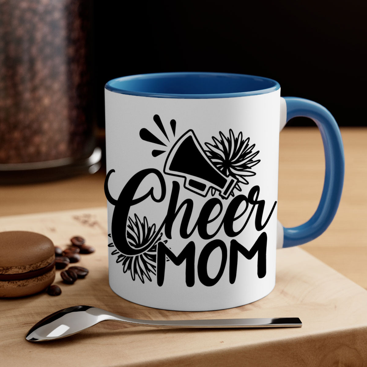 Cheer mom 1385# Mug with colorful handle and glossy finish, available in multiple colors and sizes.