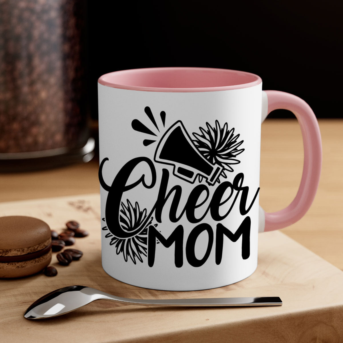 Cheer mom 1385# Mug with colorful handle and glossy finish, available in multiple colors and sizes.