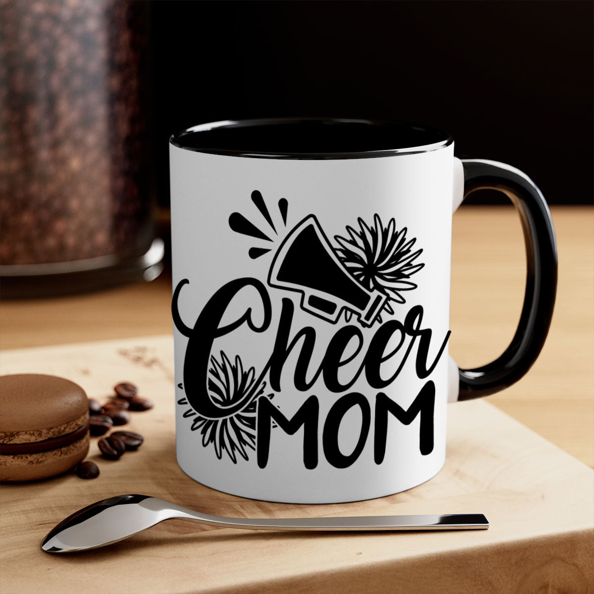 Cheer mom 1385# Mug with colorful handle and glossy finish, available in multiple colors and sizes.