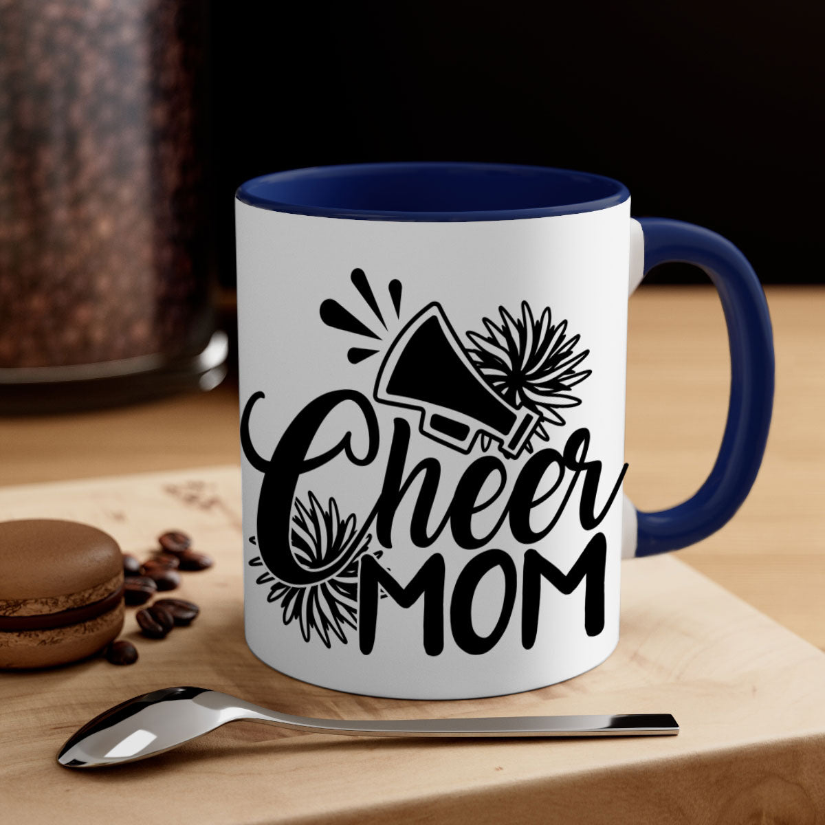Cheer mom 1385# Mug with colorful handle and glossy finish, available in multiple colors and sizes.